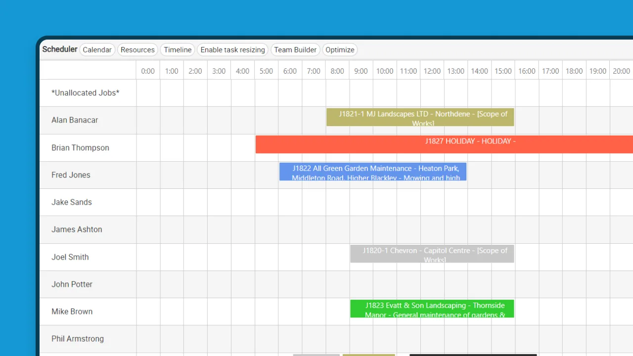 Husky schedule board with jobs planned across a team