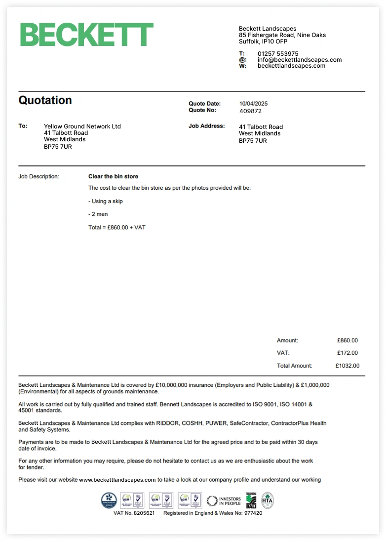 Quote document exported from software