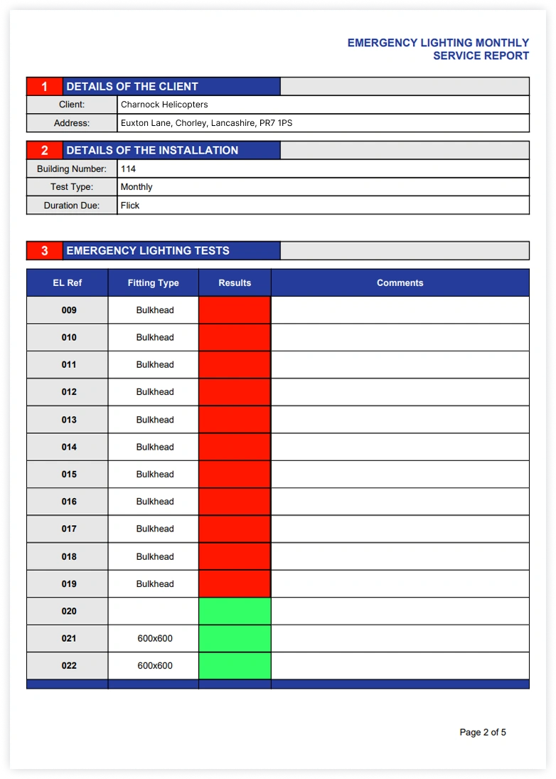 Emergency Lighting report document exported from software