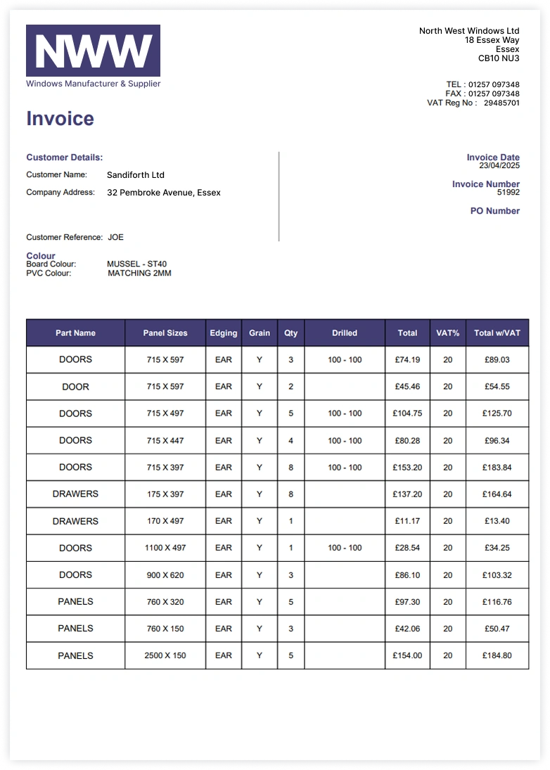 Invoice document exported from software